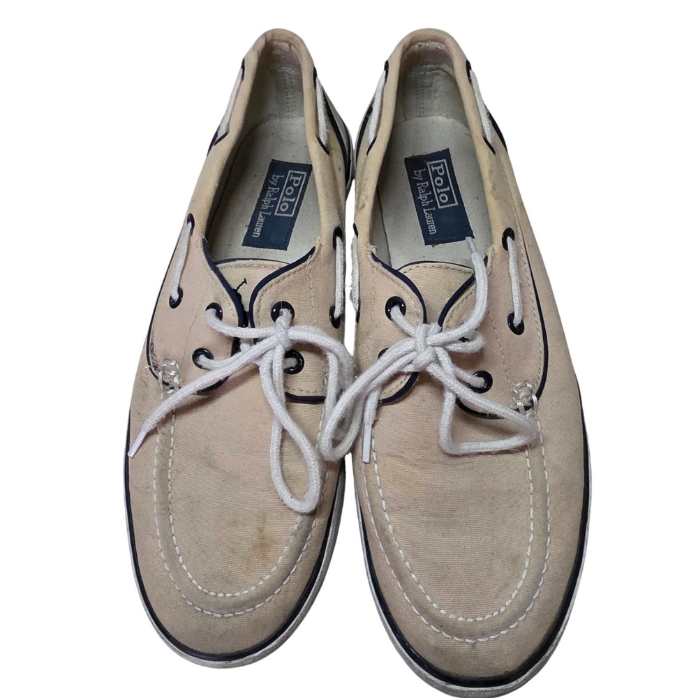 Polo Ralph Lauren 9D Lander P Boat Shoes Canvas Tan Lace Up Men Needs Cleaning!